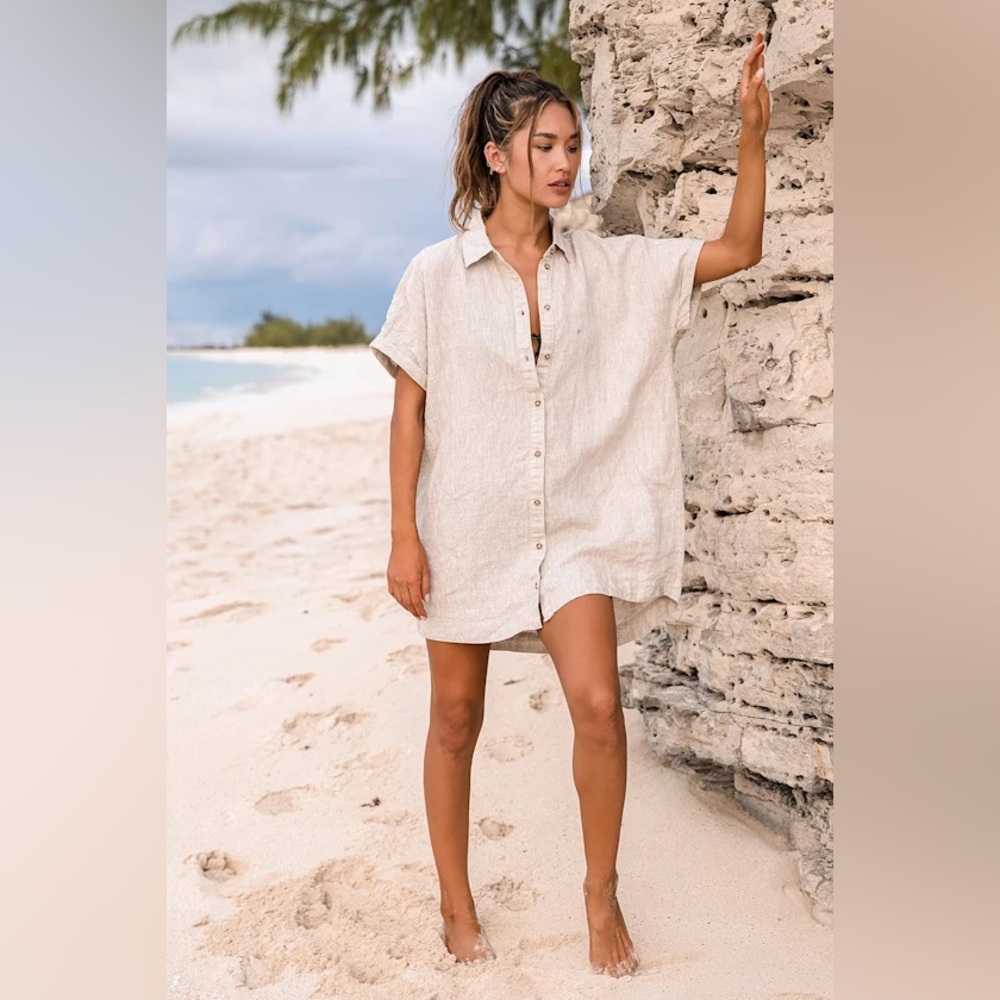 Rythmn Classic Beige Linen Short Sleeve Shirt Dress